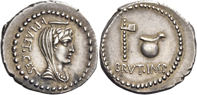 M. Junius Brutus and L. Plaetorius Caestianus. Denarius, mint moving with Brutus...