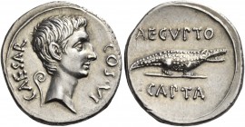 Octavian, 32 – 29 
Denarius, Brundisium and Roma (?) circa 29-27, AR 3.77 g. CAESAR – COS·VI Bare head r.; behind, lituus. Rev. AEGVPTO / CAPTA Croco...