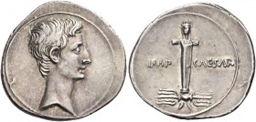 Octavian, 32 – 29 
Denarius, Brundisium and Roma (?) 29-27 BC, AR 3.83 g. Bare head r. Rev. IMP – CAESAR Laureate terminal figure set facing on winge...