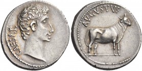 Octavian as Augustus, 27 BC – 14 AD 
Denarius, Samos (?) circa 27 BC, AR 3.95 g. CAESAR Bare head r. Rev. AVGVSTVS Calf r. C 28. BMC 662. RIC 475. CB...