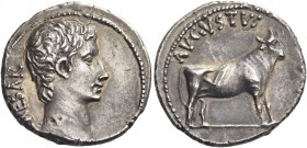 Octavian as Augustus, 27 BC – 14 AD 
Denarius, Samos (?) circa 27 BC, AR 3.82 g. [C]AESAR Bare head r. Rev. AVGVSTVS Calf r. C 28. BMC 662. RIC 475. ...