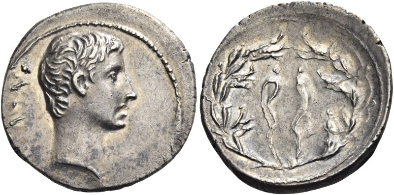 Octavian as Augustus, 27 BC – 14 AD 
Denarius, North Peloponnesian mint circa 2...