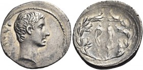 Octavian as Augustus, 27 BC – 14 AD 
Denarius, North Peloponnesian mint circa 21 BC, AR 3.55 g. [AVGVSTVS] Bare head r. Rev. Laurel wreath intertwine...