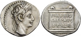 Octavian as Augustus, 27 BC – 14 AD 
Denarius, Colonia Patricia (?) c. 20-19 BC, AR 3.81 g. Laureate head r. Rev. FORT RED / CAES AVG / S·P·Q·R inscr...