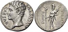 Octavian as Augustus, 27 BC – 14 AD 
Denarius, Colonia Patricia (?) circa 19 BC, AR 3.43 g. CAESAR – AVGVSTVS Bare head l. Rev. SIGNIS [RE]CEPTIS Mar...