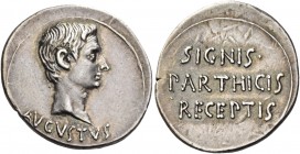 Octavian as Augustus, 27 BC – 14 AD 
Denarius, Pergamum circa 19-18 BC, AR 3.64 g. AVGVSTVS Bare head r. Rev. SIGNIS· / PARTHICIS / RECEPTIS. C 257. ...