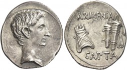 Octavian as Augustus, 27 BC – 14 AD 
Denarius, Pergamum circa 19-18 BC, AR 3.83 g. Bare head r. Rev. ARMENIA / CAPTA Tiara and bow cases with quiver....