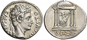 Octavian as Augustus, 27 BC – 14 AD 
Denarius, Colonia Patricia circa 18 BC, AR 3.79 g. CAESARI – AVGVSTO Laureate head r. Rev. S P Q R Domed tetrast...