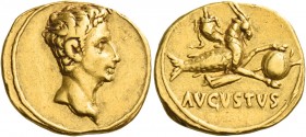 Octavian as Augustus, 27 BC – 14 AD 
Aureus, Colonia Patricia (?) circa 18-17/16 BC, AV 7.84 g. Bare head r. Rev. Capricorn r., holding globe over ru...