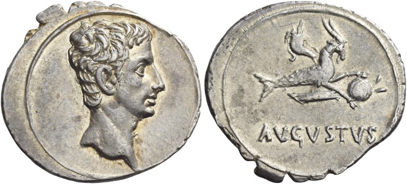 Octavian as Augustus, 27 BC – 14 AD 
Denarius, Colonia Patricia (?) circa 18-17...