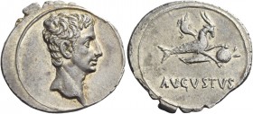 Octavian as Augustus, 27 BC – 14 AD 
Denarius, Colonia Patricia (?) circa 18-17/16 BC, AR 3.80 g. Bare head r. Rev. Capricorn r., holding globe over ...