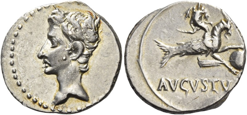 Octavian as Augustus, 27 BC – 14 AD 
Denarius, Colonia Patricia circa July 18-1...