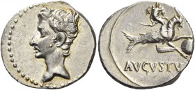 Octavian as Augustus, 27 BC – 14 AD 
Denarius, Colonia Patricia circa July 18-17/16 BC, AR 3.84 g. Bare head l. Rev. Capricorn r., holding globe over...