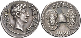 Octavian as Augustus, 27 BC – 14 AD 
P. Licinius Stolo. Denarius circa 17 BC, AR 4.06 g. AVGVSTVS – TR POT Bare head r. Rev. P STOLO / III VIR Apex b...