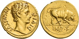 Octavian as Augustus, 27 BC – 14 AD 
Aureus, Lugdunum 15-13 BC, AV 7.77 g. AVGVSTVS – DIVI F Bare head r. Rev. Bull butting r.; in exergue, IMP X. C ...