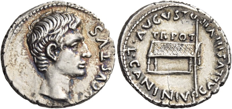Octavian as Augustus, 27 BC – 14 AD 
L. Caninius Gallus. Denarius 12 BC, AR 3.7...