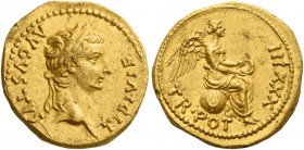 Tiberius augustus, 14 – 37
Quinarius, Lugdunum 25-26, AV 3.90 g. TI DIVI F – AVGVSTVS Laureate head r. Rev. TR POT – XXXIII Victory seated r. on glob...