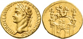 In the name of Nero Claudius Drusus, brother of Tiberius and father of Claudius 
Aureus 41-45, AV 7.79 g. NERO CLAVDIVS DRVSVS GERMANICVS IMP Laureat...