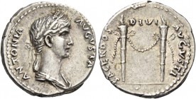 In the name of Antonia, wife of Nero Claudius Drusus 
Denarius 41-42, AR 3.71 g. ANTONIA – AVGVSTA Draped bust of Antonia r., wearing barley wreath, ...
