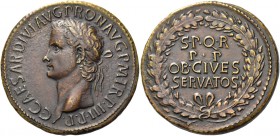 Gaius augustus, 37 – 41 
Sestertius 39-40, Æ 28.26 g. C CAESAR DIVI AVG PRON AVG P M TR P III P P Laureate head l. Rev. S P Q R / P P / OB CIVES / SE...
