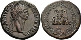 Claudius augustus, 41 – 54 
Sestertius circa 41-50 and later, Æ 28.13 g. TI CLAVDIVS CAESAR AVG P M TR P IMP Laureate head r. Rev. EX S C / OB / CIVE...