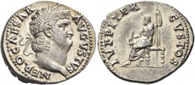 Nero augustus, 54 – 68 
Denarius circa 64-65, AR 3.34 g. NERO CAESAR AVGVSTVS Laureate head r. Rev. IVPPITER CVSTOS Jupiter seated l., holding thunde...