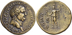 Vespasian, 69 – 79 
Sestertius 71, Æ 27.41 g. IMP CAES VESPASIAN AVG P M TR P P P COS III Laureate head r. Rev. ROMA S – C Roma, helmeted and in mili...