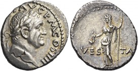 Vespasian, 69 – 79 
Denarius, Antiochia 72-73, AR 3.62 g. [IMP CAES VESP] AVG P M COS IIII Laureate head r. Rev. VES– TA Vesta standing l., holding s...