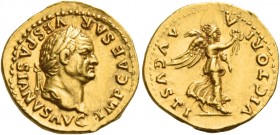 Vespasian, 69 – 79 
Quinarius 74, AV 3.58 g. IMP CAESAR – VESPASIANVS AVG Laureate head r. Rev. VICTORI – A AVGVSTI Victory advancing r., holding wre...
