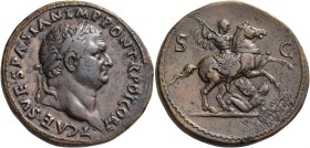 Titus caesar, 69 – 79 
Sestertius 72, Æ 26.76 g. T CAES VESPASIAN IMP PON TR POT COS II Laureate head r. Rev. S – C Titus on horseback r., spearing f...