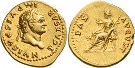 Titus caesar, 69 – 79 
Aureus 75, AV 7.28 g. T CAESAR – IMP VESPASIAN Laureate head r. Rev. PAX – AVGVST Pax seated l., holding branch and sceptre. C...