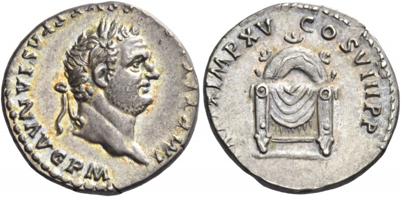 Titus augustus, 79 – 81 
Denarius circa 79-81, AR 3.52 g. IMP TIT[VS CAES VES]P...