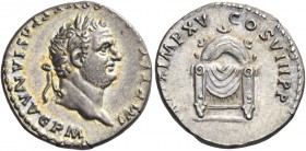 Titus augustus, 79 – 81 
Denarius circa 79-81, AR 3.52 g. IMP TIT[VS CAES VES]PASIAN AVG P M Laureate head r. Rev. [TR P IX] IMP XV – COS VIII P P Dr...