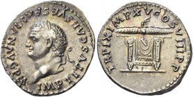 Titus augustus, 79 – 81 
Denarius 80, AR 3.23 g. IMP TITVS CAES VESPASIAN AVG P M Laureate head l. Rev. TR P IX IMP XV COS VIII P P Draped seat; abov...