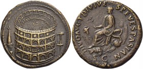 Titus augustus, 79 – 81 
Divus Titus. Sestertius 81-82, Æ 26.13 g. Aerial view of the Flavian Amphitheatre (the Colosseum); on l., Meta Sudans and on...