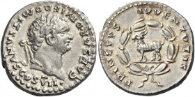 Domitian caesar, 69 – 81 
Denarius 80-81, AR 3.30 g. CAESAR DIVI F DOMITIANVS COS VII Laureate and bearded head r. Rev. PRINCEPS – IVVENTVTIS Goat st...