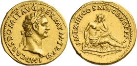 Domitian augustus, 81 – 96 
Aureus 87, AV 7.60 g. IMP CAES DOMIT AVG – GERM P M TR P VI Laureate head r. Rev. IMP XIIII COS XIII CENS P P P Germania ...