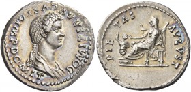 Domitia, wife of Domitian 
Denarius 82-83, AR 3.46 g. DOMITIA AVGVSTA IMP DOMIT Draped bust r. Rev. PIE – TAS – AVGVST Pietas seated l., holding scep...