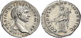 Trajan augustus, 98 – 117 
Denarius circa 108-109, AR 3.58 g. IMP TRAIANO AVG GER DAC P M TR P Laureate bust r., with drapery on l. shoulder. Rev. CO...