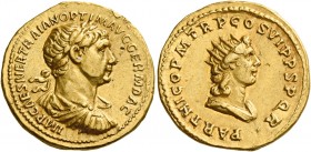 Trajan augustus, 98 – 117 
Aureus circa 116-117, AV 7.23 g. IMP CAES NER TRAIAN OPTIM AVG GERM DAC Laureate, draped and cuirassed bust r. Rev. PARTHI...