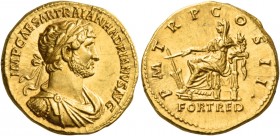 Hadrian augustus, 117 – 138 
Aureus 118, AV 7.28 g. IMP CAESAR TRAIAN HADRIANVS AVG Laureate, draped and cuirassed bust r. Rev. P M TR P C-OS II Fort...