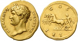 Hadrian augustus, 117 – 138 
Aureus 124-125, AV 7.11 g. HADRIANVS – AVGVSTVS Laureate head l., drapery on r. shoulder. Rev. COS – III Sol in prancing...