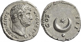Hadrian augustus, 117 – 138 
Denarius circa 126-127, AR 3.44 g. HADRIANVS – AVGVSTVS Laureate bust r. Rev. COS – III Crescent; above, star and below,...