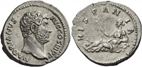 Hadrian augustus, 117 – 138 
Denarius circa 130-133, AR 3.79 g. HADRIANVS – AVG COS III P P Bare head r. Rev. HISPAN – IA Hispania reclining l., hold...