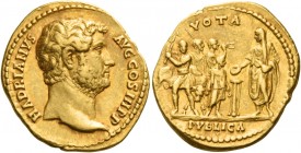 Hadrian augustus, 117 – 138 
Aureus circa 133-135, AV 7.33 g. HADRIANVS – AVG COS III P P Bare head r. Rev. VOTA – PVBLICA Hadrian standing l., sacri...
