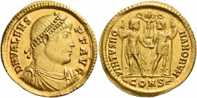 Valens, 364 – 378
Solidus, Constantinopolis 364-367, AV 4.39 g. D N VALENS – P F AVG Pearl-diademed, draped and cuirassed bust r. Rev. VIRTVS RO – MA...