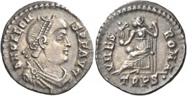 Valens, 364 – 378 
Siliqua, Treveri 367-378, AR 2.51 g. D N VALEN – S P F AVG Pearl-diademed, draped and cuirassed bust r. Rev. VRBS – ROMA Roma seat...