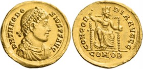 Theodosius I, 379 – 395 
Solidus, Constantinopolis 378-383, AV 4.41 g. DN THEODO – SIVS P F AVG Pearl-diademed, draped and cuirassed bust r. Rev. CON...