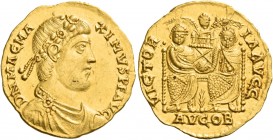 Magnus Maximus, 383 – 388 
Solidus, Londinium-Augusta 387-388, AV 4.42 g. D N MAG MA – XIMVS P F AVG Rosette-diademed, draped and cuirassed bust r. R...