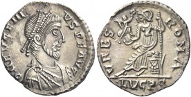 Eugenius, 392 – 394 
Reduced siliqua, Lugdunum 392-394, AR 2.11 g. D N EVGENI – VS P F AVG Pearl-diademed, draped and cuirassed bust r. Rev. VRBS – R...
